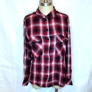 Sanctuary Dark Red Plaid Boyfriend Snap Button Shirt Size Small